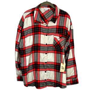 Sincerely Jules Plaid Shirt Button Up Reds Gray White Long Sleeve Womens Size XL